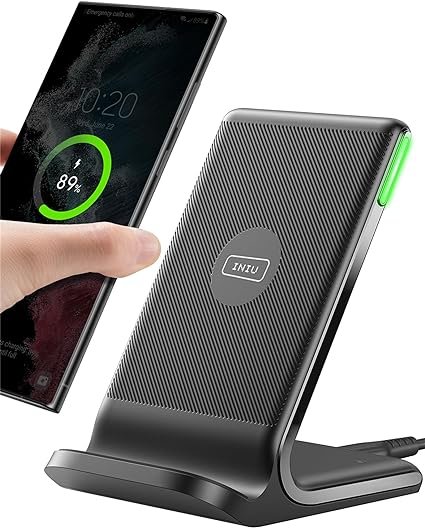 INIU Wireless Charger, 15W Fast Qi-Certified Wireless Charging Station with Sleep-Friendly Adaptive Light Compatible with iPhone 15 14 13 12 Pro XS 8 Plus Samsung Galaxy S23 S22 S21 Note 20 Google