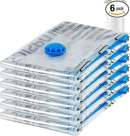 Amazon Basics Vacuum Compression Storage Bags with Hand Pump, Jumbo, 6-Pack, Clear