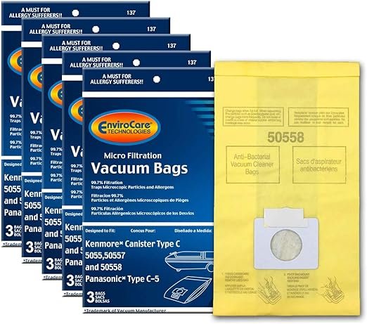 Envirocare Replacement Vacuum Bags Compatible with Kenmore Canister Type C/Q. 5055, 50557 and 50558 Panasonic Type C-5 Vacuums,15 pack