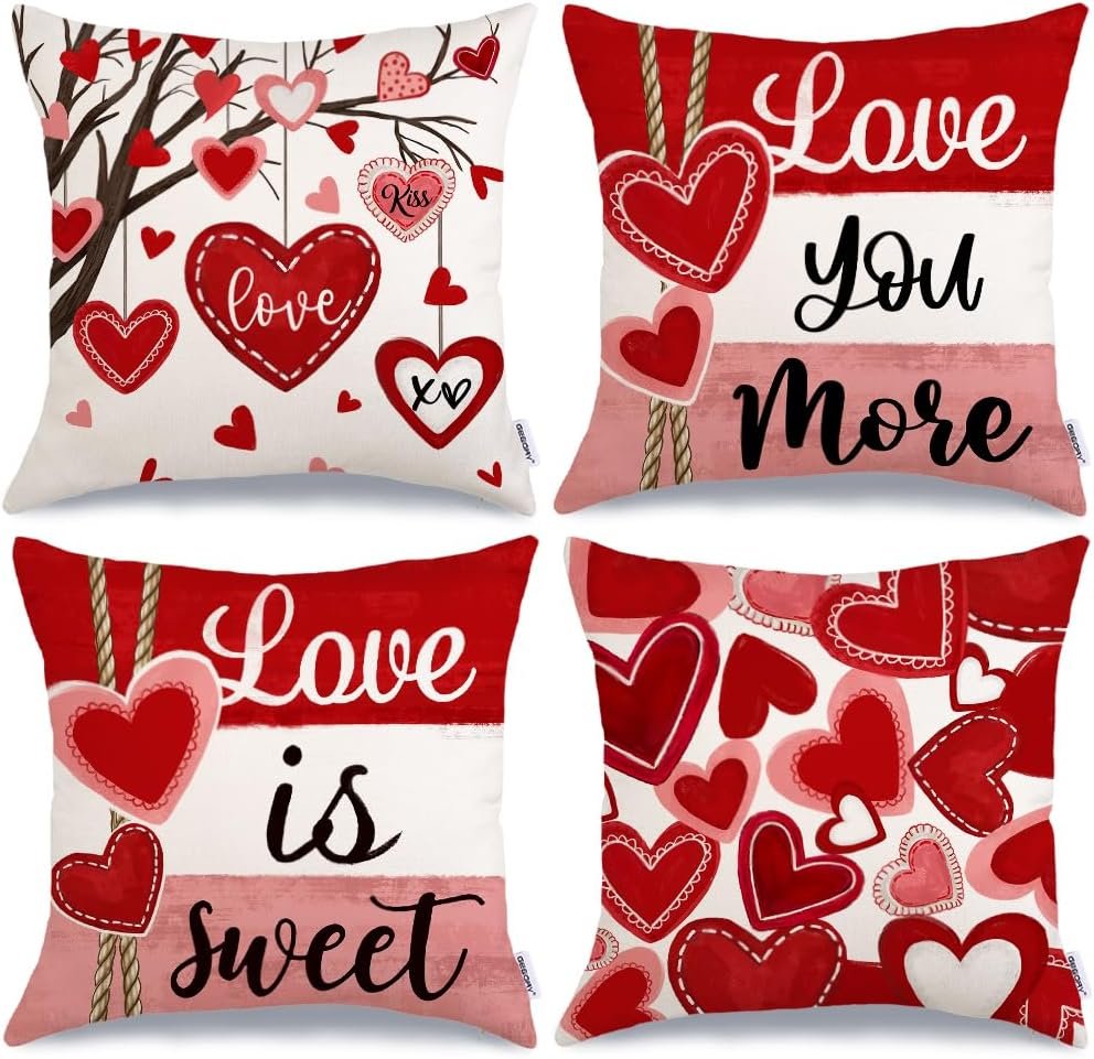 GEEORY Valentine's Day Pillow Covers 18 x 18 Inch Set of 4, Valentines Red Hearts Love You More Decorative Pillowcases for Home Sofa Couch Cushion Decor Decoration G443-18