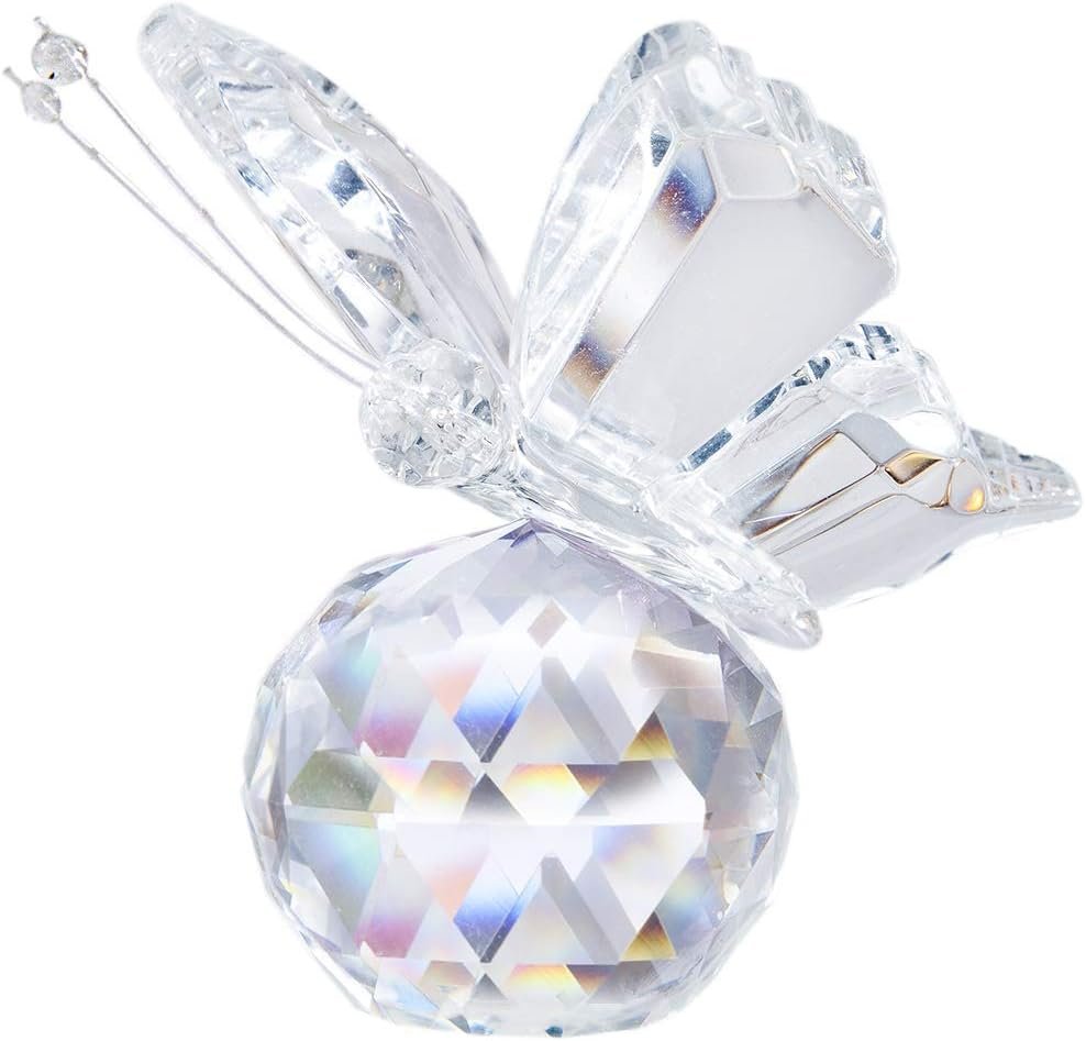 H&D Crystal Flying Butterfly with Crystal Ball Base Figurine Collection Cut Glass Ornament Statue Animal Collectible (Clear)