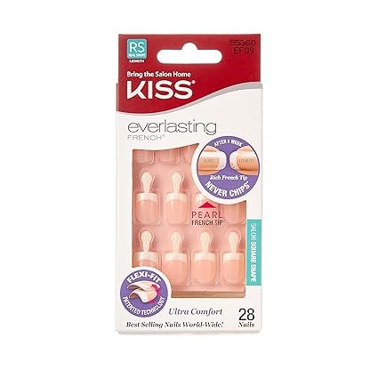 KISS Everlasting Press On Nails, Nail glue included, String Of Pearls', French, Real Short Size, Squoval Shape, Includes 28 Nails, 2g Glue, 1 Manicure Stick, 1 Mini file