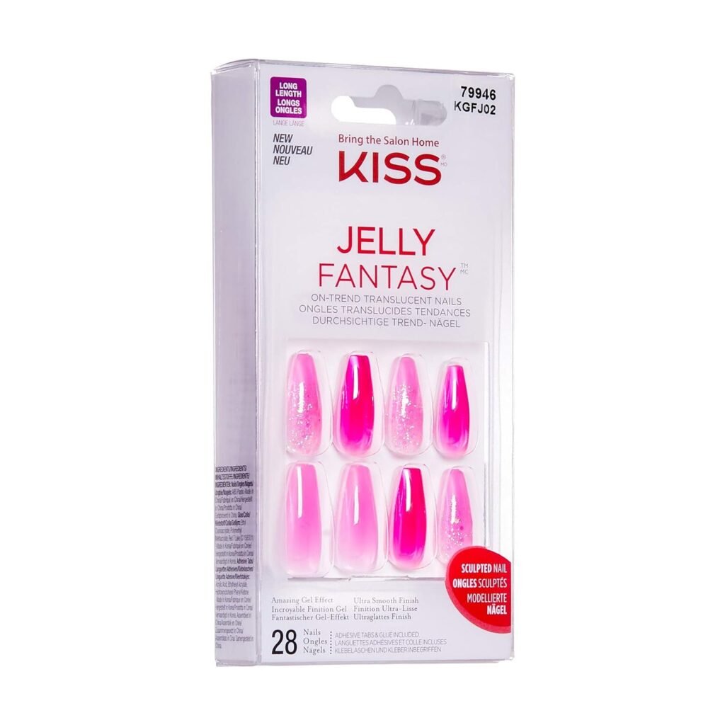 KISS Jelly Fantasy On-Trend Translucent Sculpted Nails, Long, Coffin, “Jelly Baby”, Durable, Easy To Apply, Includes Pink Gel Nail Glue, Mini Nail File, Manicure Stick & 28 Fake Nails