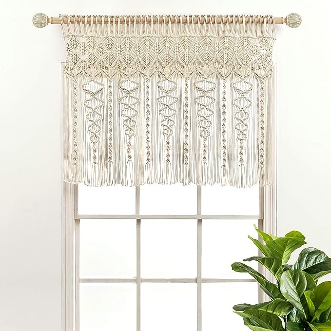 Lush Decor Boho Macrame Textured Cotton Valance/Kitchen Curtain/Wall Decor, 30" L x 40" W, Neutral