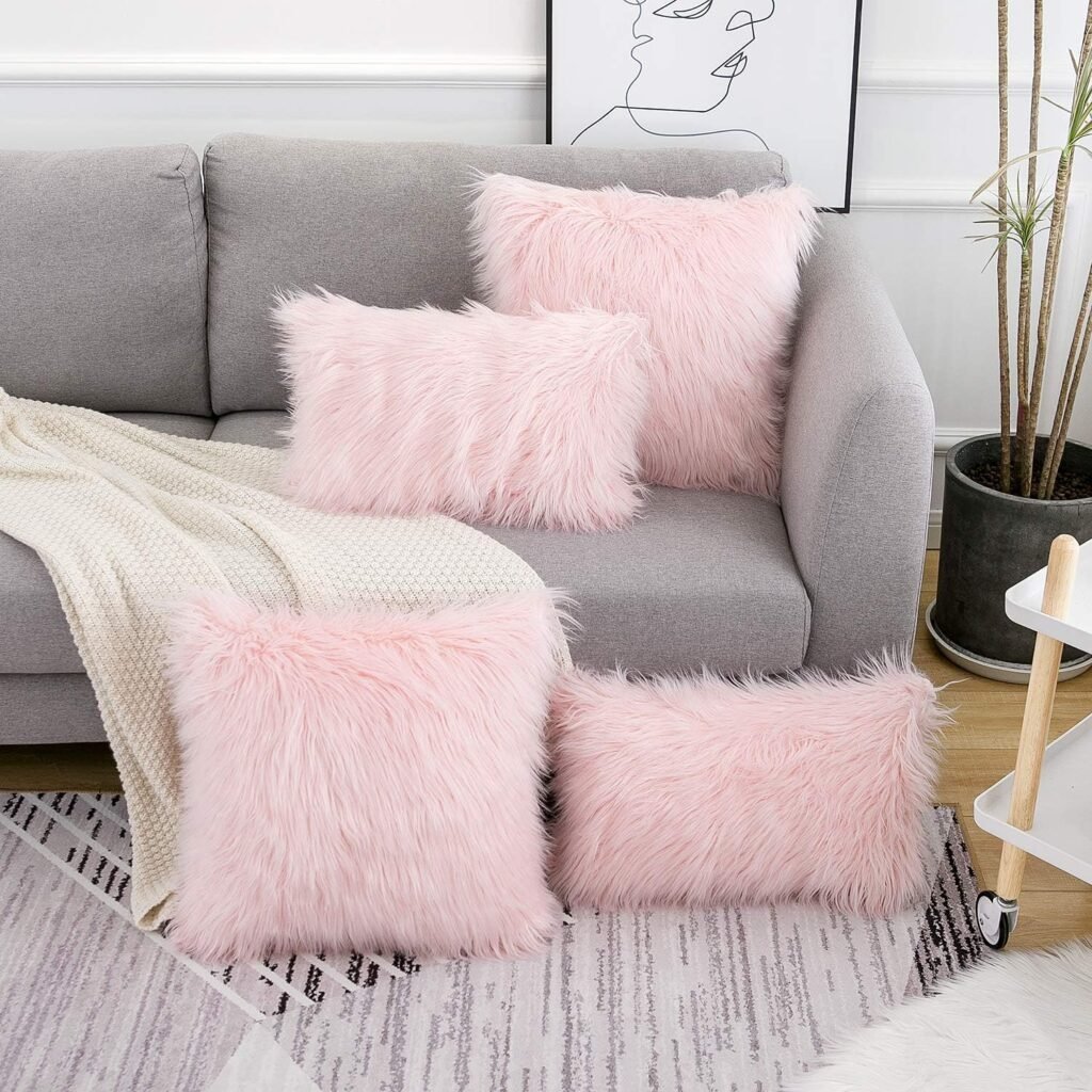 WLNUI Valentines Day Set of 2 Pink Fluffy Pillow Covers New Luxury Series Merino Style Blush Faux Fur Decorative Throw Pillow Covers Square Fuzzy Cushion Case 18x18 Inch